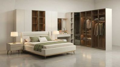 Schlafzimmer Set Beige Modern Luxus Bett Schrank Nachtkonsolen