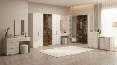 Schlafzimmer Set Beige Modern Luxus Eckschrank Kommoden Spiegel