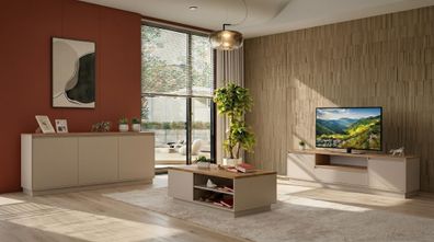 Beiges Wohnzimmer-Set TV-Schrank Couchtisch Konsole TV-Möbel