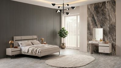 Beiges Schlafzimmer-Set bequemes Bett Frisiertisch Nachttische luxuriös