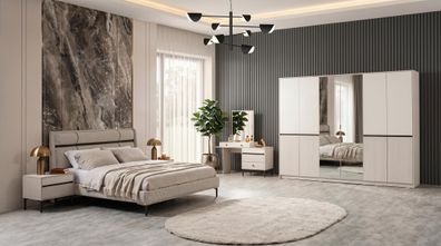 Beiges Schlafzimmer-Set Bett Kleiderschrank Frisiertisch Nachttische luxuriös