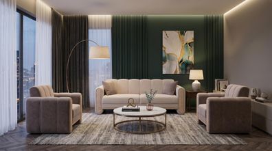 Beiges Sofa-Set Sofas Stoffsofa und zwei Sessel Wohnzimmer