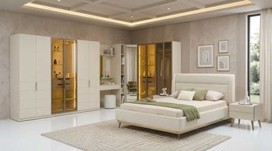 Schlafzimmer Set Beige Modern Luxus Bett Eckschrank Nachttische