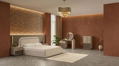 Beiges Schlafzimmer-Set Bett Kommode Frisiertisch Nachttische modern