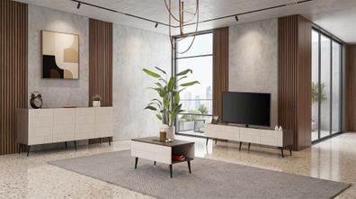 Beige-braunes Wohnzimmer-Set TV-Lowboard Couchtisch Konsole