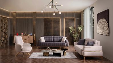 Grau-beiges Wohnzimmer-Set Sofas Stoffsofas goldene Füße luxuriös