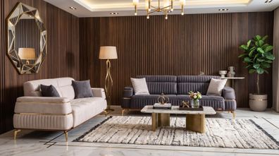 Beige-graues Wohnzimmer-Set Sofas Stoffsofas goldene Füße modern