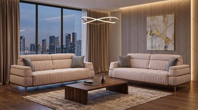 Beiges Wohnzimmer-Set 2 + 2-Sitzer-Sofas Stoffsofas goldene Füße Designer-Sofas