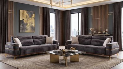 Graues Wohnzimmer-Set 3 + 3-Sitzer-Sofas Sofagarnitur goldene Füße modern