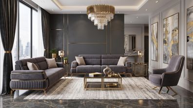 Grau-beiges Wohnzimmer-Set Sofas goldene Füße Stoffsofas