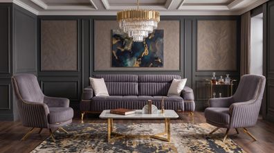 Graues Wohnzimmer-Set Sofas Stoffsofas goldene Füße Sofagarnitur