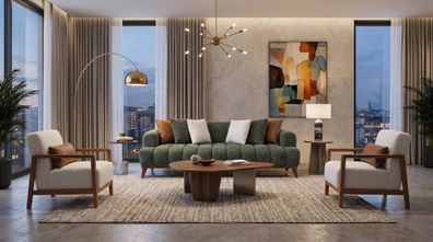 Grün-weißes Wohnzimmer-Set Sofas Stoffsofas modern Sofagarnitur