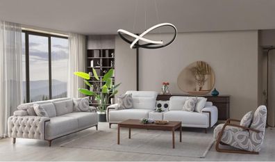 Modernes Designer Wohnset Beige Sofas Sessel Holzgestell