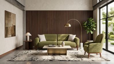 Grünes Wohnzimmer-Set 3-Sitzer-Sofas Stoffsofas Sofagarnitur Design-Sofas