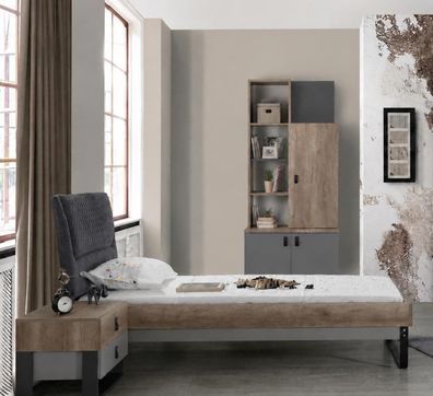 Bett Einzelbett Holzbett Polsterkopfteil Braun Grau Jugendbett Set