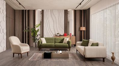 Beige-grünes Wohnzimmer-Set Sofas Sofagarnitur Stoffsofas