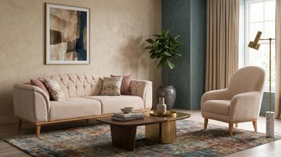 Beiges Wohnzimmer-Set 2-Sitzer-Sofa Designer Stoffsofas Polster