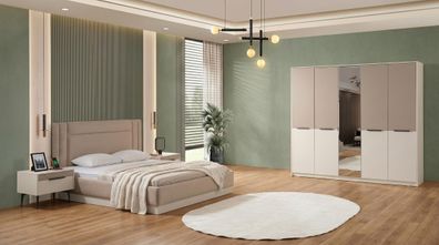 Beiges Schlafzimmer-Set Bett Kleiderschrank 2 Nachttische Designermöbel