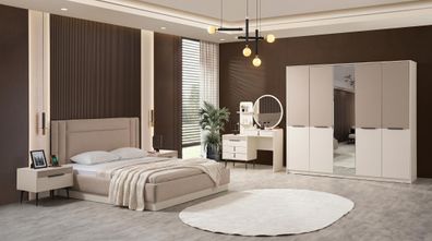 Beiges Schlafzimmer-Set Bett Kleiderschrank Frisiertisch 2 Nachttische modern