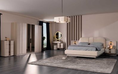 Schlafzimmer Set Beige Modern Luxus Schrank Bett Spiegel