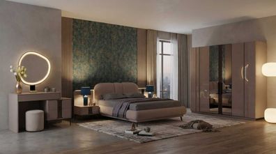 Schlafzimmer Set Beige Modern Luxus Schrank Bett Kommode Spiegel