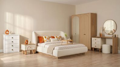 Schlafzimmer Set Beige Modern Luxus Bett Nachttisch Schminktisch