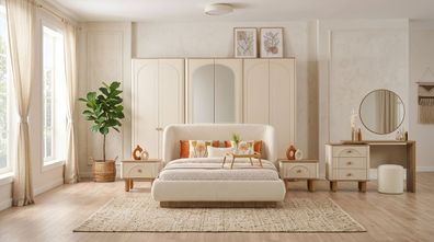 Schlafzimmer Set Beige Modern Luxus Bett Nachttisch Schminktisch