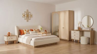 Schlafzimmer Set Beige Modern Luxus Bett Nachttisch Schminktisch