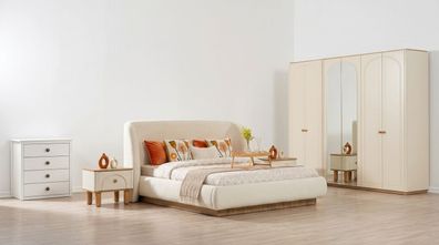 Schlafzimmer Set Beige Modern Luxus Bett Nachttisch Kommode Schrank