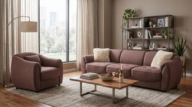 Braunes Wohnzimmer-Set Sofas Sofagarnitur Stoffsofa und Sessel