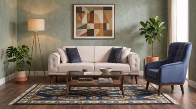 Beige-blaues Wohnzimmer-Set 3-Sitzer-Sofa Stoffsofa und Sessel modern