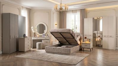 Bett Schrank Kommode Schminktisch Beige Modern Luxus Set