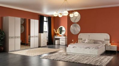 Bett Schrank Kommode Schminktisch Beige Modern Luxus Set