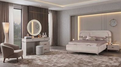 Bett 2x Nachttische Schminktisch Spiegel Beige Modern Luxus Set