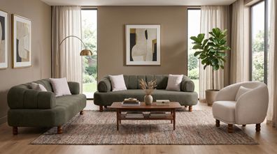Beige-grünes Wohnzimmer-Set Sofas Stoffsofas Sessel modern