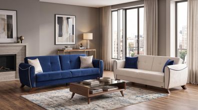 Blau-beiges Wohnzimmer-Set: 3-Sitzer-Sofa Stoffsofas moderner Stil