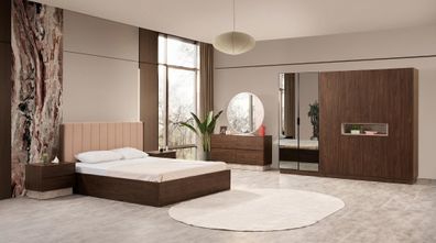 Braunes Schlafzimmer-Set Bett Kleiderschrank Frisiertisch 2 Nachttische modern