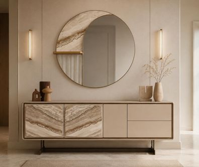 Sideboard Spiegel Set Beige Gold Marmoroptik Holz Modern Luxus Design
