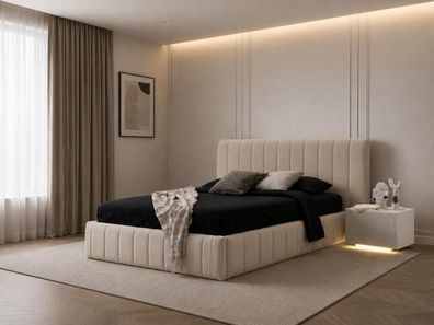 Polsterbett Nachttisch Beige Modern Stoff Holz Schlafzimmer Set