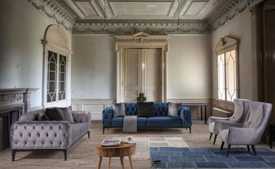 Chesterfield Sofa Set 4 + 3 + 1-Sitzer Blau Textil Holz Modern Einfarbig