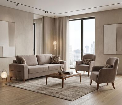 Sofa Set 3 + 1 + 1-Sitzer Beige Textil Holz Modern Einfarbig Zeitgenössisch