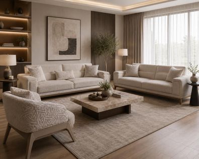 Sofa Set 3 + 3 + 1-Sitzer Beige Textil Holz Modern Abstraktes Muster Komfort