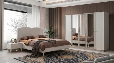 Schickes Beiges Schlafzimmer Set Polsterbett Kommode Holzschrank