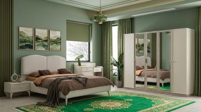 Stilvolles Schlafzimmer Set Beige Holz Metall Bett Schrank Nachttisch