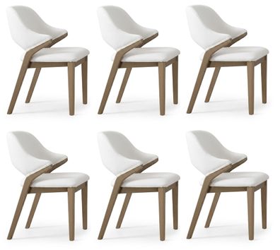 Stuhl Set 6x Weiß Holz Textil Modern Esszimmer Gepolstert Einfarbig Komfort