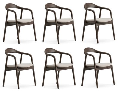 Stuhl Set 6x Braun Beige Textil Holz Modern Armlehnen Einfarbig Komfort