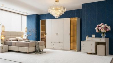 Skandi Schlafzimmer Set Weiß Holz Schrank Bett Kommode Set