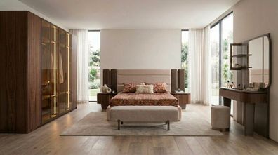 Schlafzimmer Set Beige Textil Holz Modern Bett Kleiderschrank Spiegel