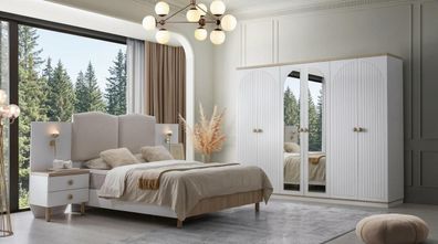 Modernes Schlafzimmer Set Weiß Holz Textil Schrank Bett Kommode
