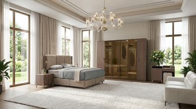 Modernes Beige Schlafzimmer Set Schrank Bett Kommode Nachttisch Holz